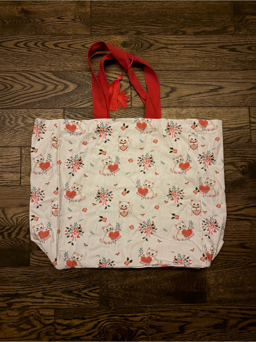 Canvas Floral Cat Tote Bag with Red Handles